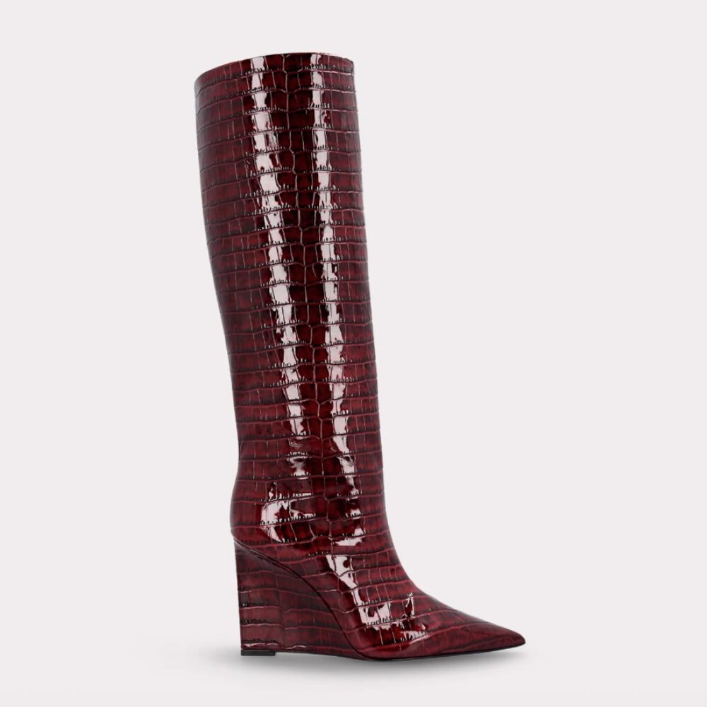 ZEUDI 02 BURGUNDY PATENT CROCO EMBOSSED LEATHER EDGE HEEL BOOTS